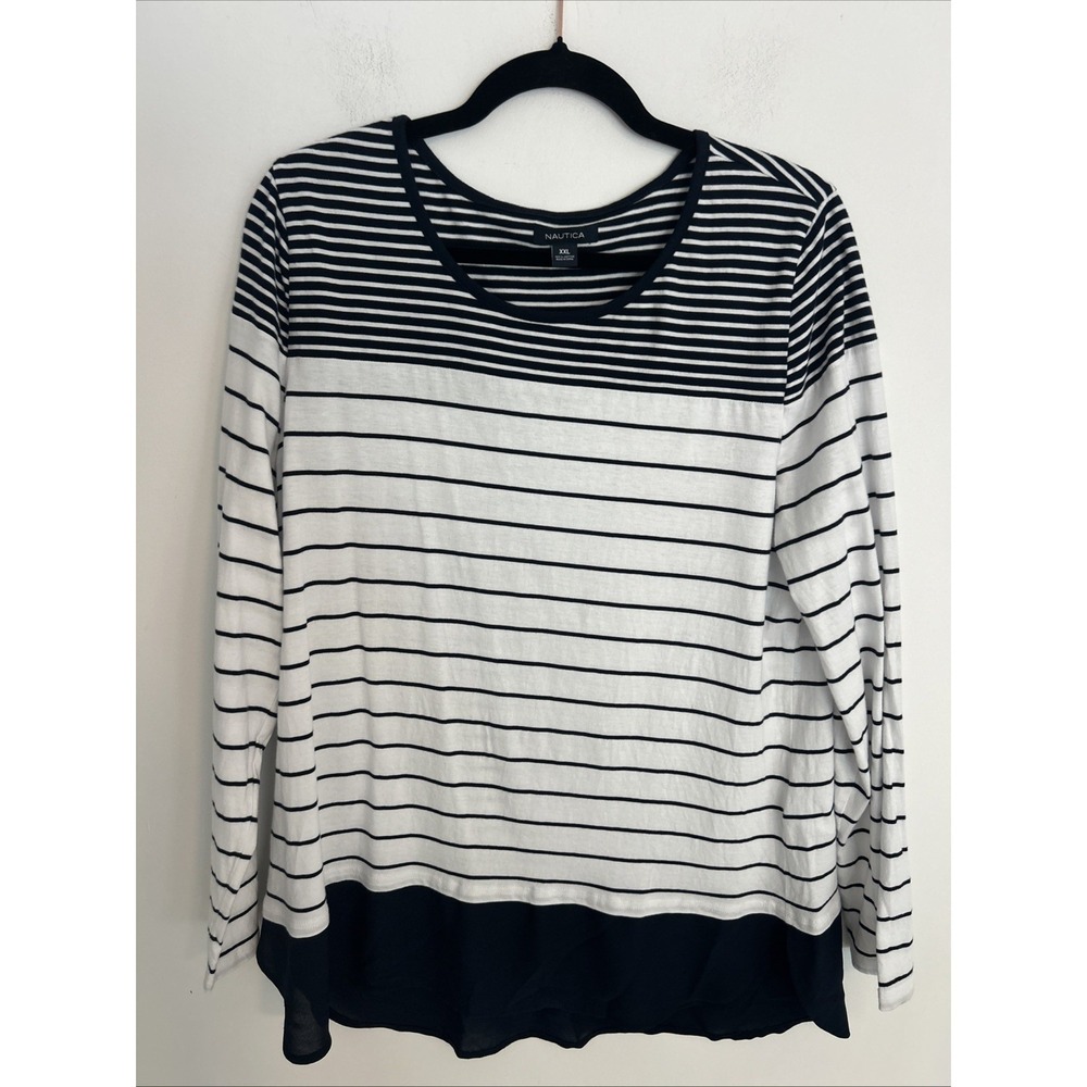 Nautica Women's XXL Long Sleeve Navy White Striped Sheer Hem 100% Cotton Pullove